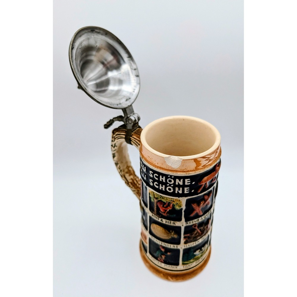 Vintage German Schnitzelbank Beer Stein Lidded Stoneware Mug Relief Folk Art - Picture 8 of 13